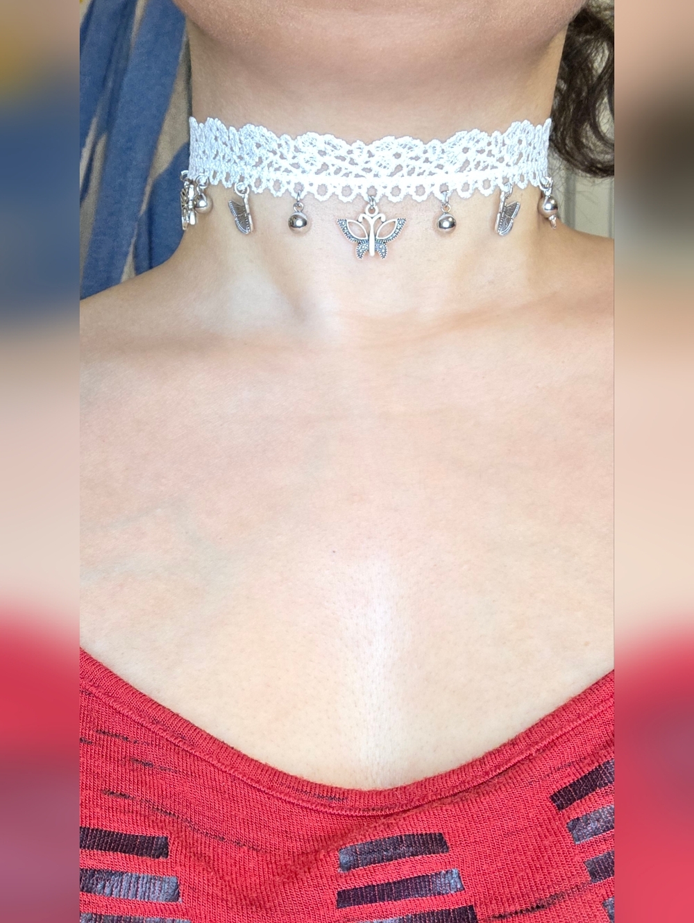 Delicate White Lace Choker Necklace with Silver Butterfly Charms